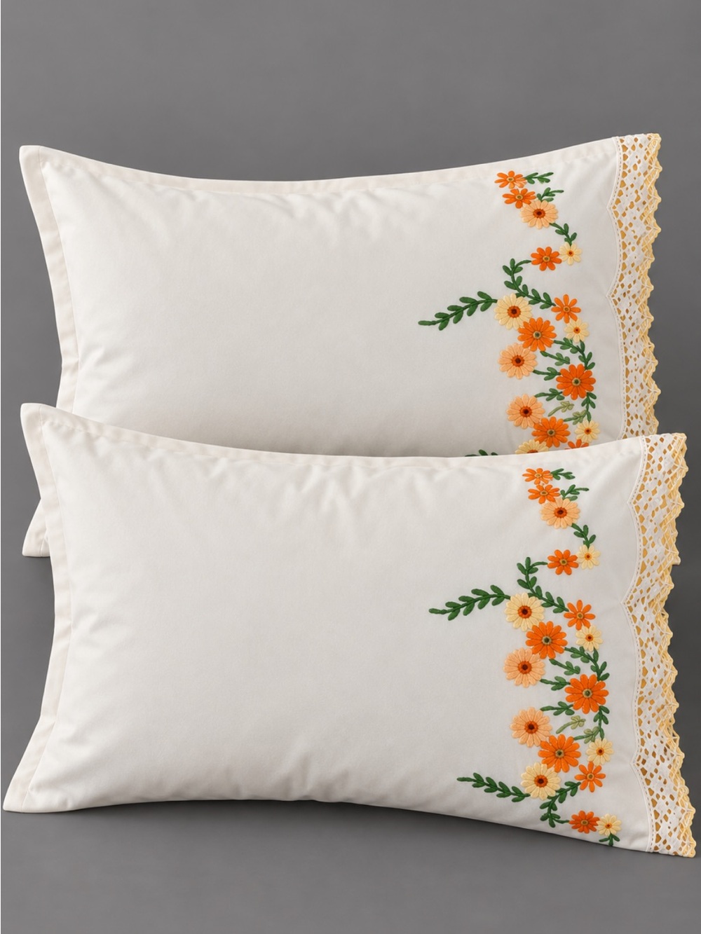 Vintage Pair Pillowcase Pillow Hand Stitched Crochet Trim Flowers Yellow Orange